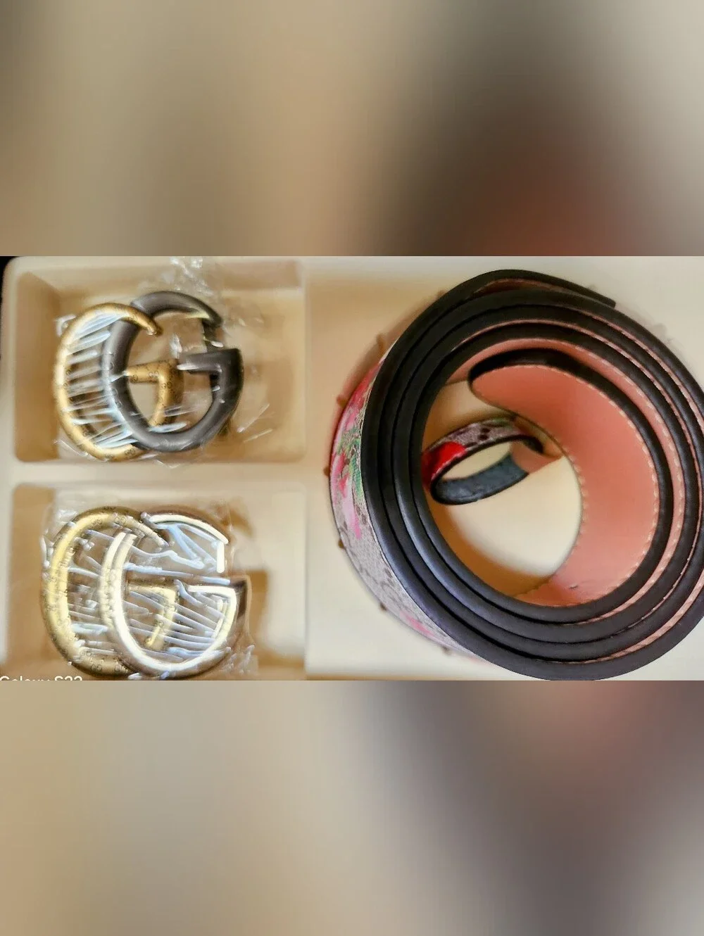 Gucci GG Canvas Belt with Pink Floral Print and Dual-Tone GG Buckles 29